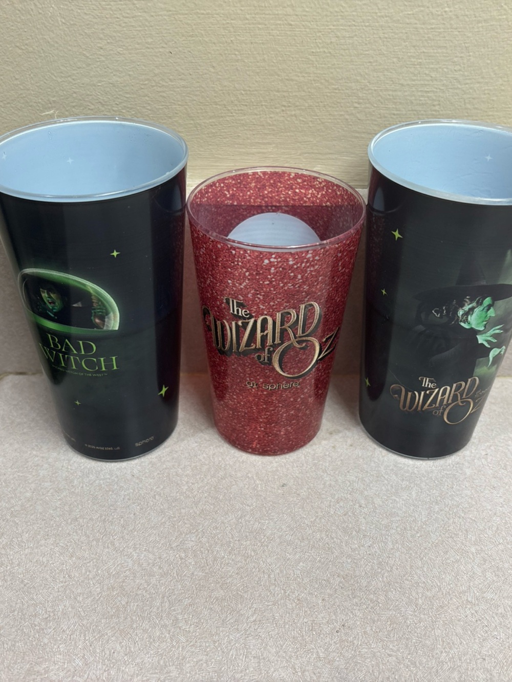 The Wizard of Oz Lot of 3 Emerald City Wicked Witch Vegas Sphere Plastic Cups